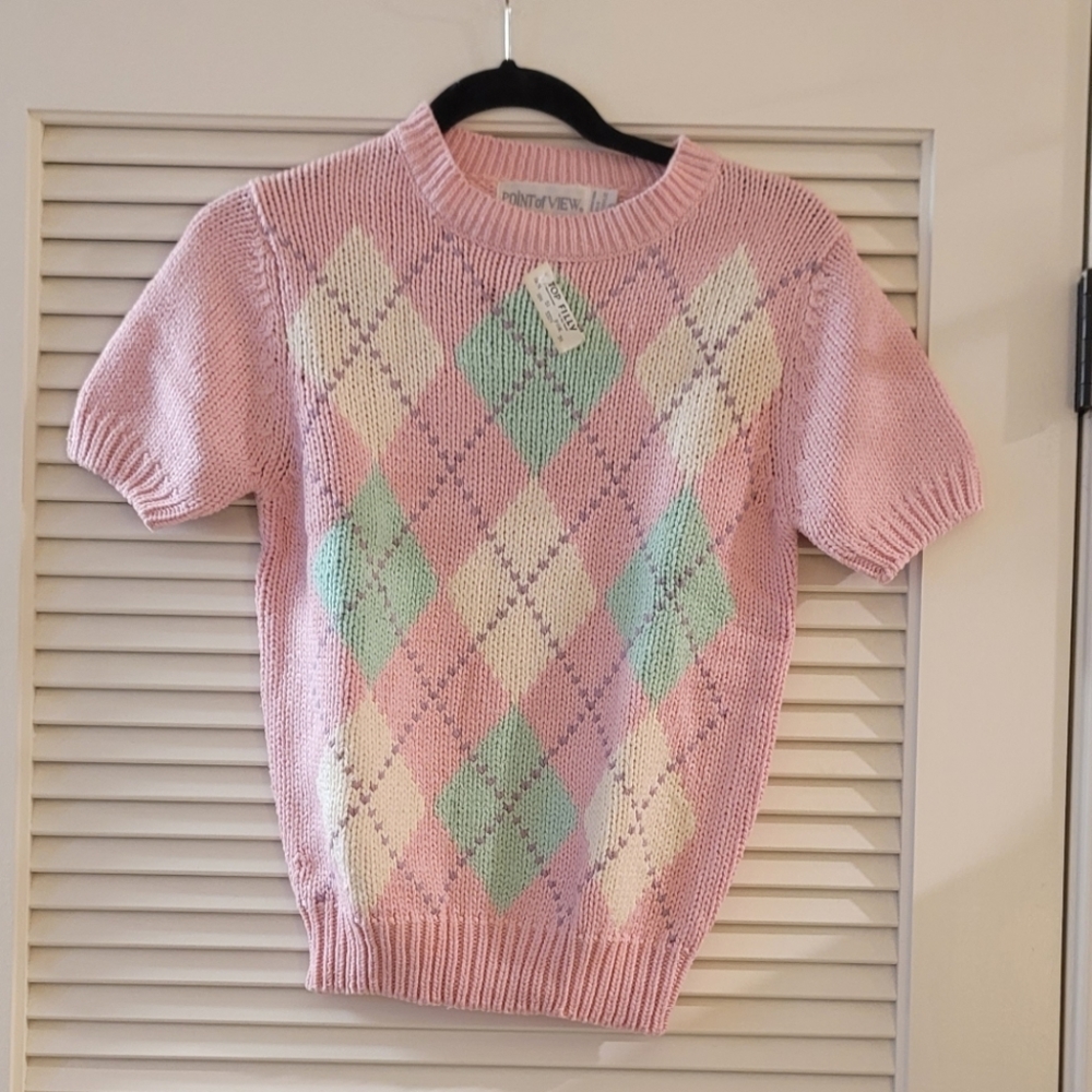 Point of View - (NWT) Vintage Pastel Argyle Knit Sweater Short-Sleeve Top
